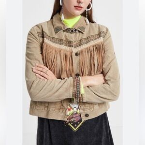 Desigual Western Fringe Embroidered Corduroy Jacket NWOT Boho Fleece lined